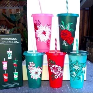 Starbucks Set of 5 Christmas Reusable Cold Cups. Holiday 16 oz cups New In Box